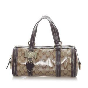 Gucci GG Duchessa Brown Beige Vinyl Plastic Boston Bag